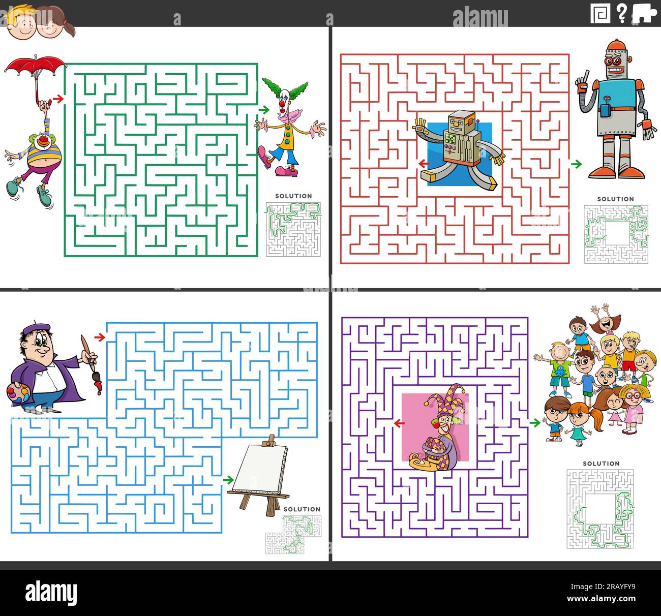 Cartoon illustration of educational maze puzzle activities set with comic characters Stock Vector