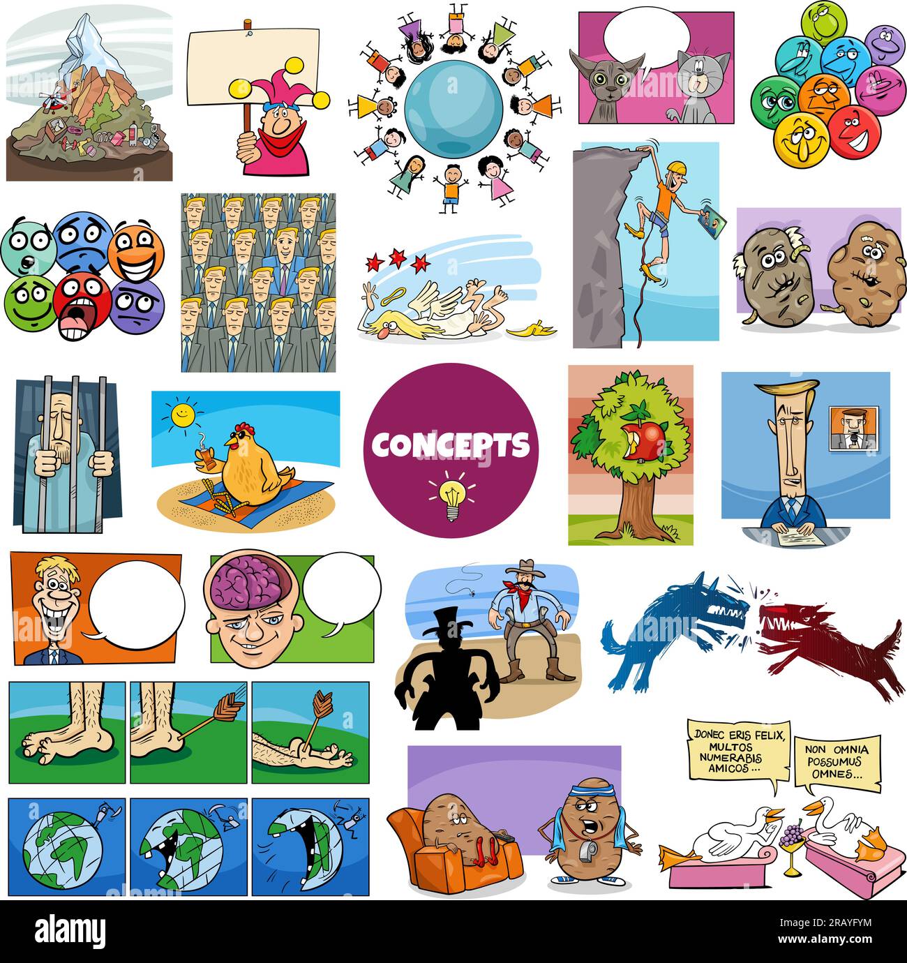 Illustration big set of humorous cartoon concepts or metaphors and ideas with comic characters Stock Vector