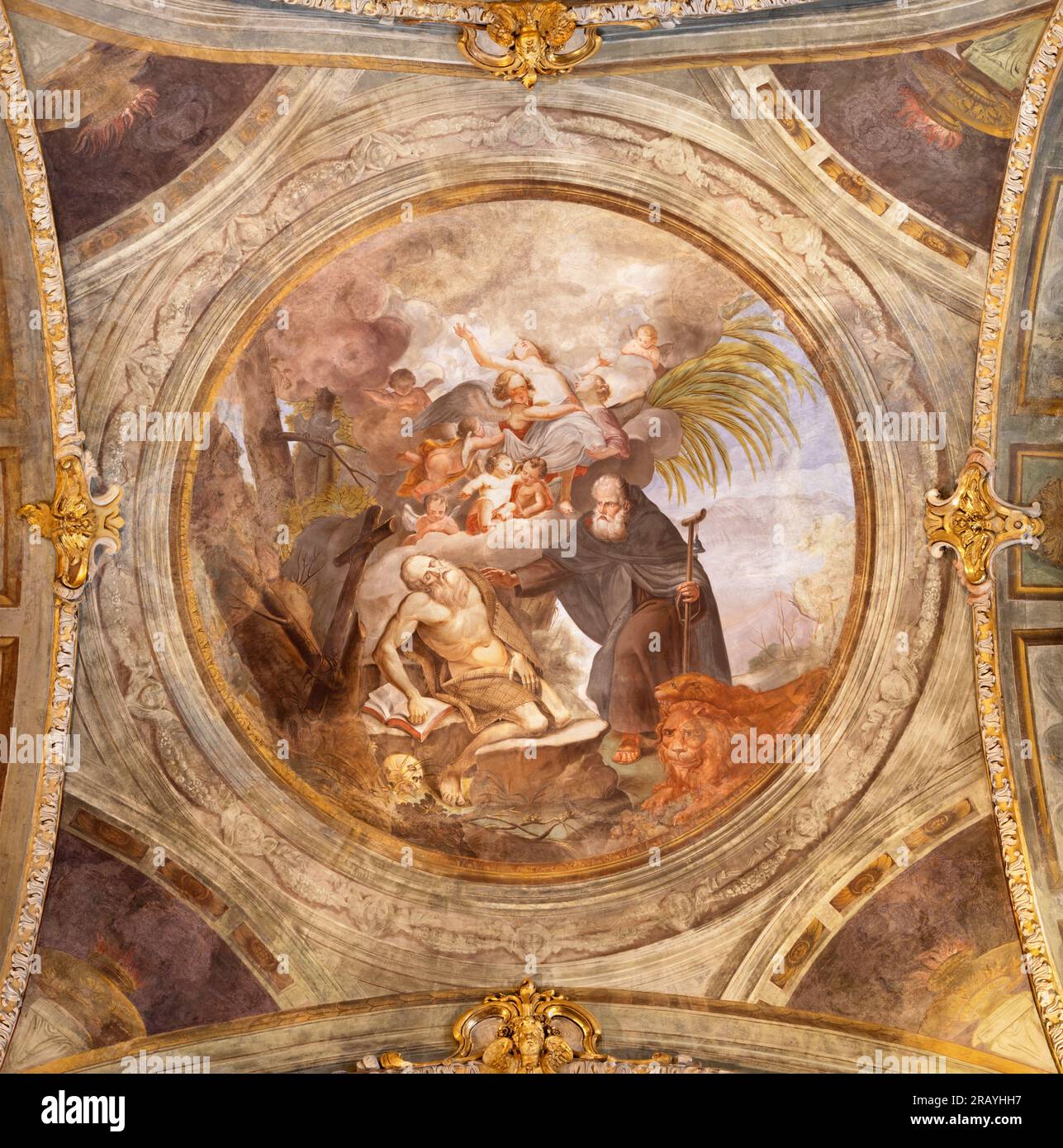 GENOVA, ITALY - MARCH 5, 2023: The fresco of St. Jerome n the side cupola of the church Basilica di Santa Maria delle Vigne from 18. cent. Stock Photo