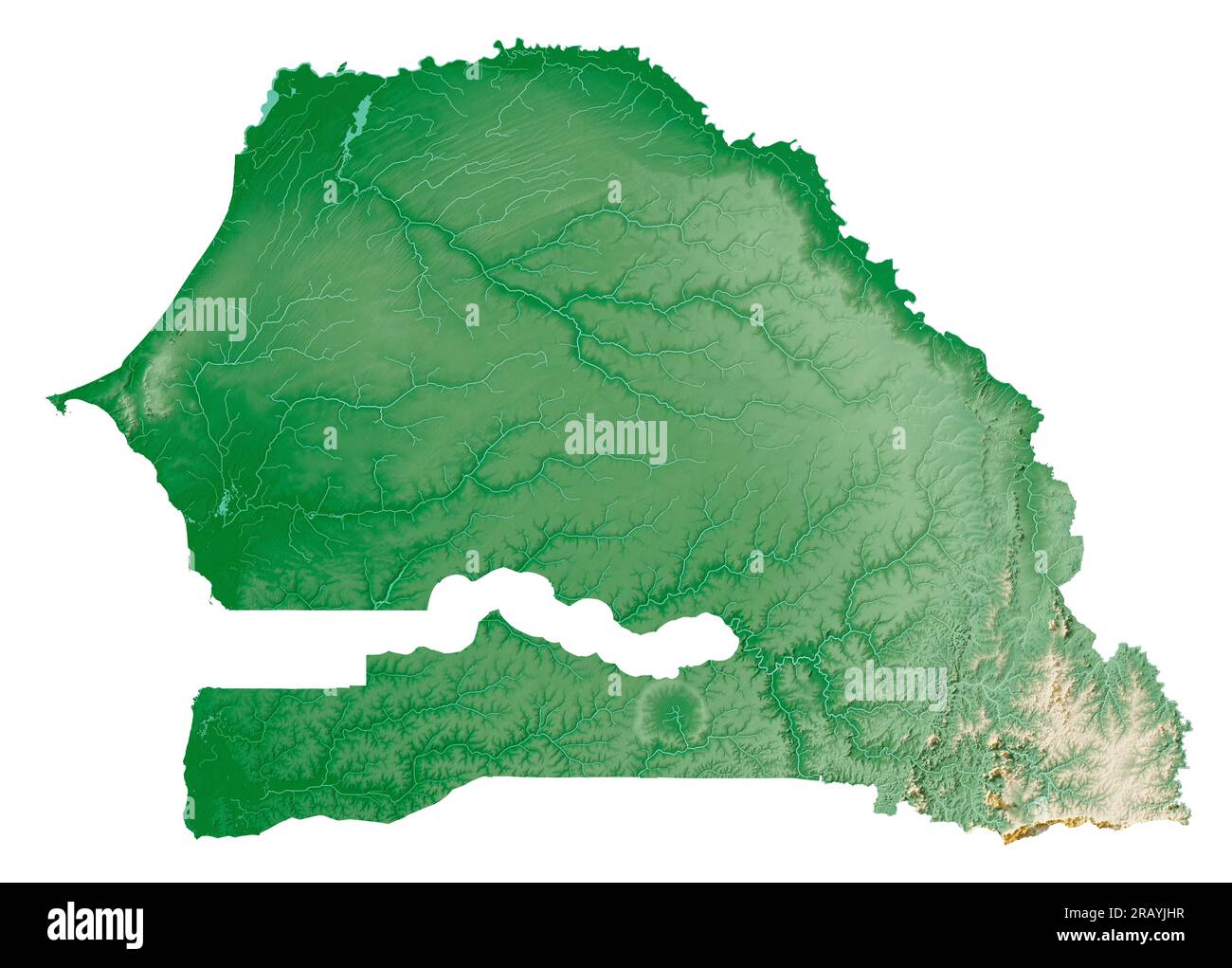 Senegal Highly Detailed 3D Rendering Of Shaded Relief Map With Rivers Senegal Highly Detailed 3d Rendering Of Shaded Relief Map With Rivers And Lakes Colored By Elevation Pure White Background Satellite Data 2RAYJHR 