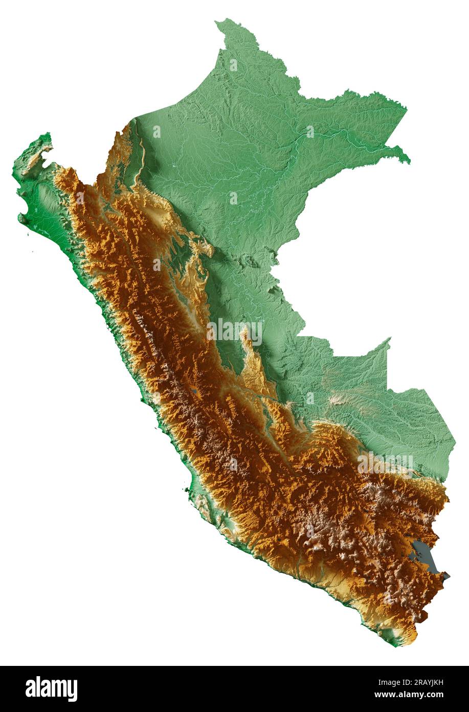 Peru. Highly detailed 3D rendering of shaded relief map with rivers and lakes. Colored by elevation. Pure white background. Satellite data. Stock Photo