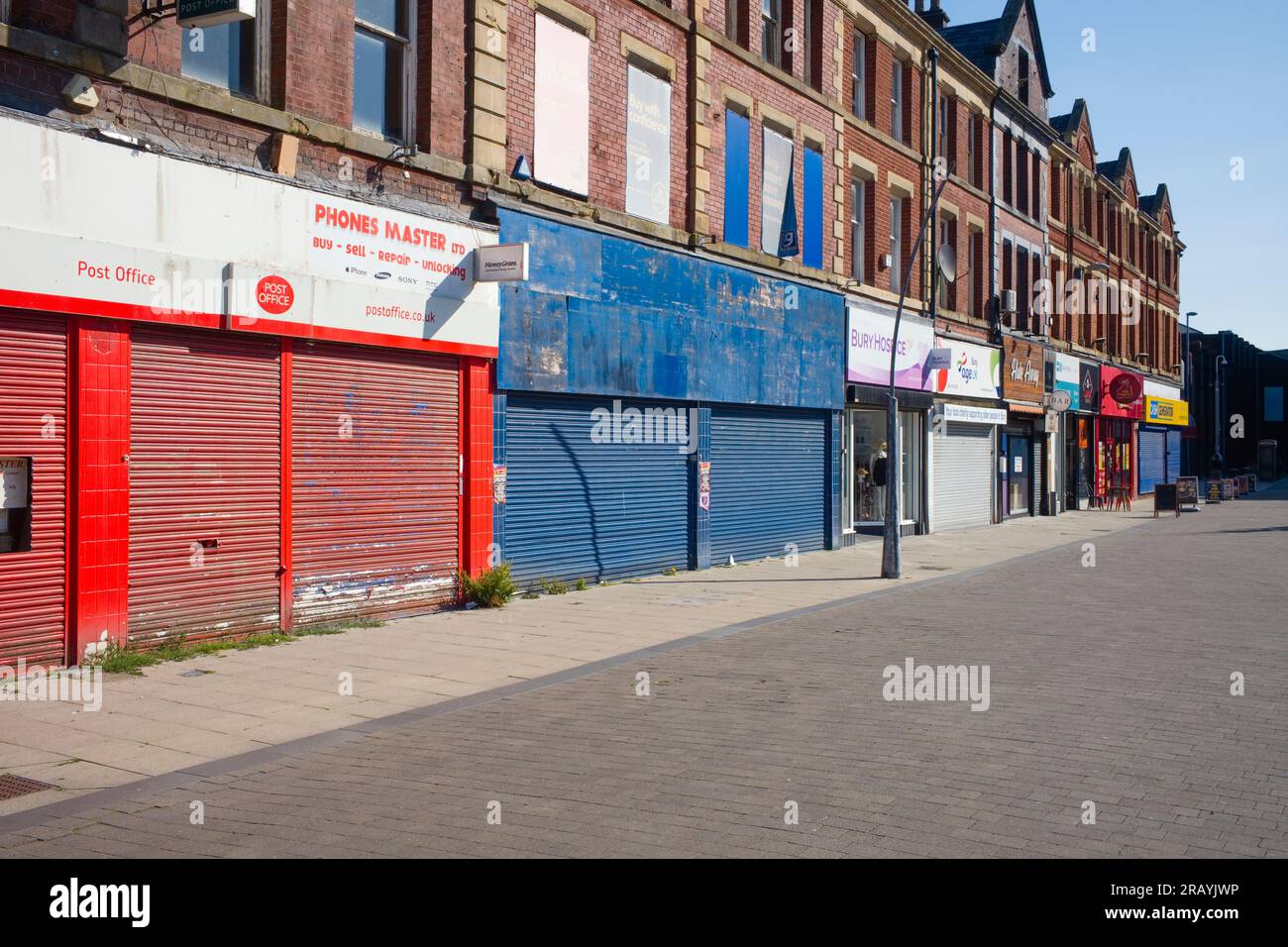 The older shopping area in Bury is now mainly shuttered and run down Stock Photo