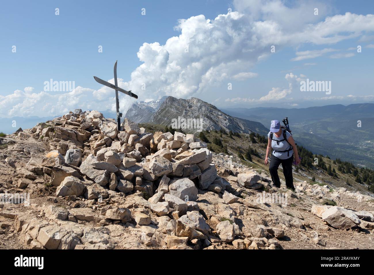 Walker Approaching the Summit of Pic Saint Michel (alt 1,966m), Vercors Massif, Lans en Vercors, France Stock Photo