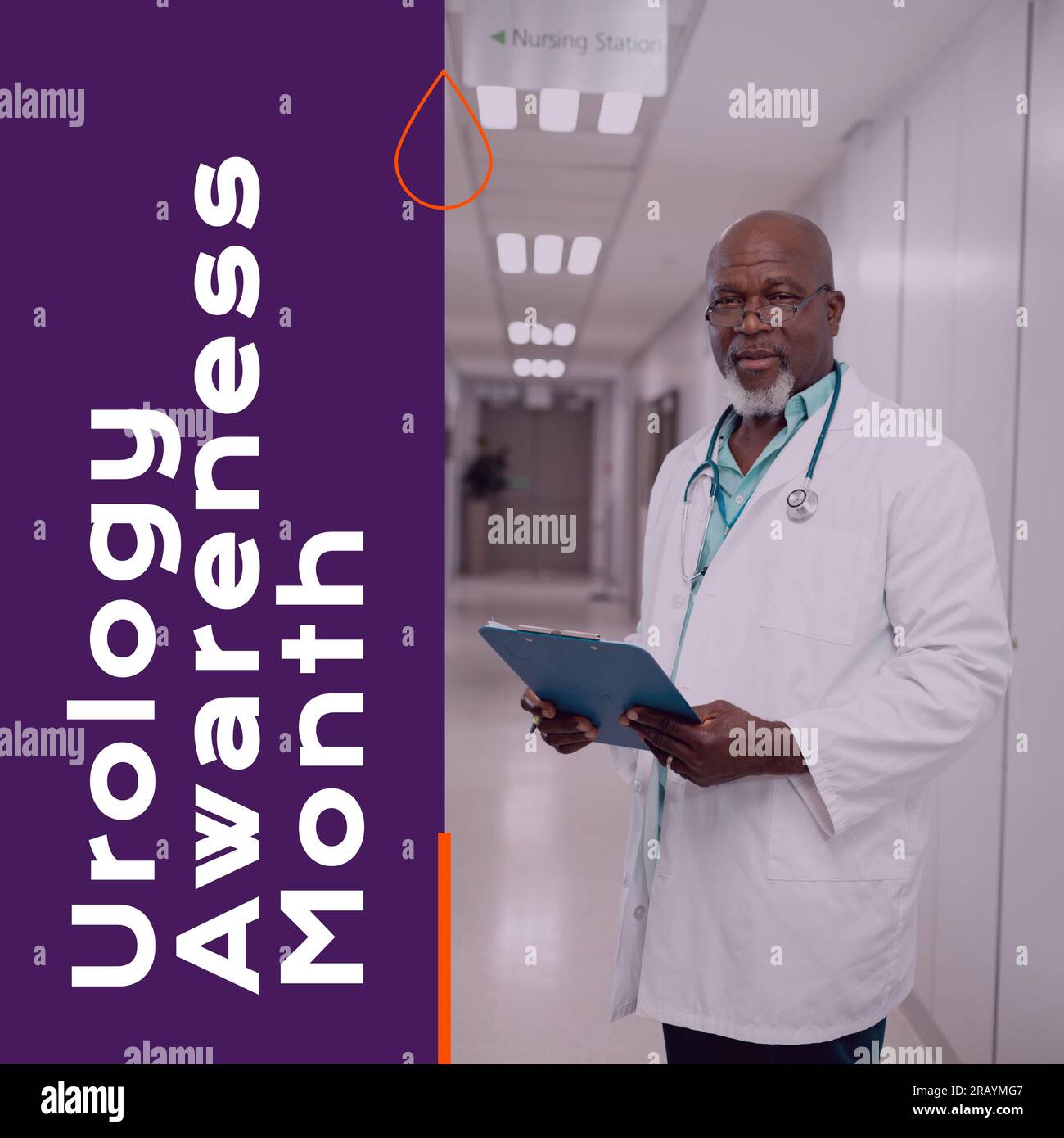 Urology awareness month text and orange droplet icon, with senior