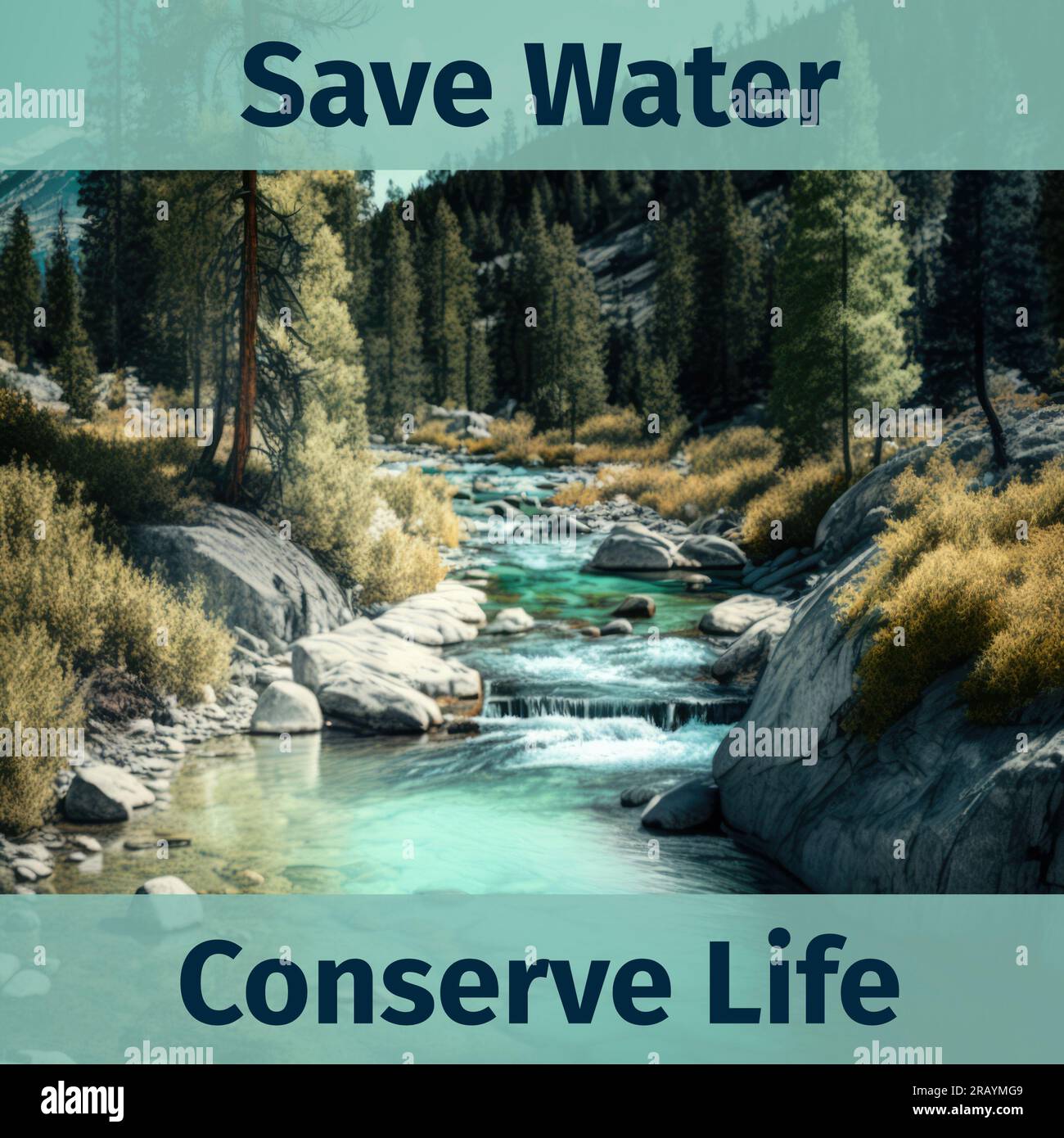 Composition of save water conserve life text over stream in mountains Stock Photo