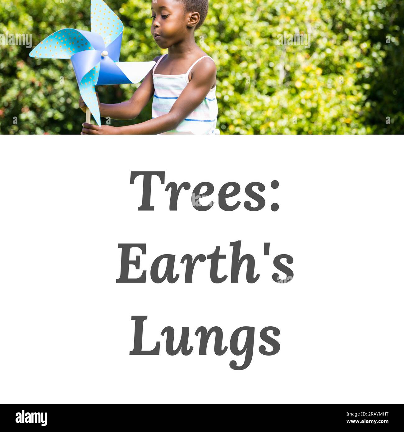 Composition of trees earth's lungs text over african american girl with
