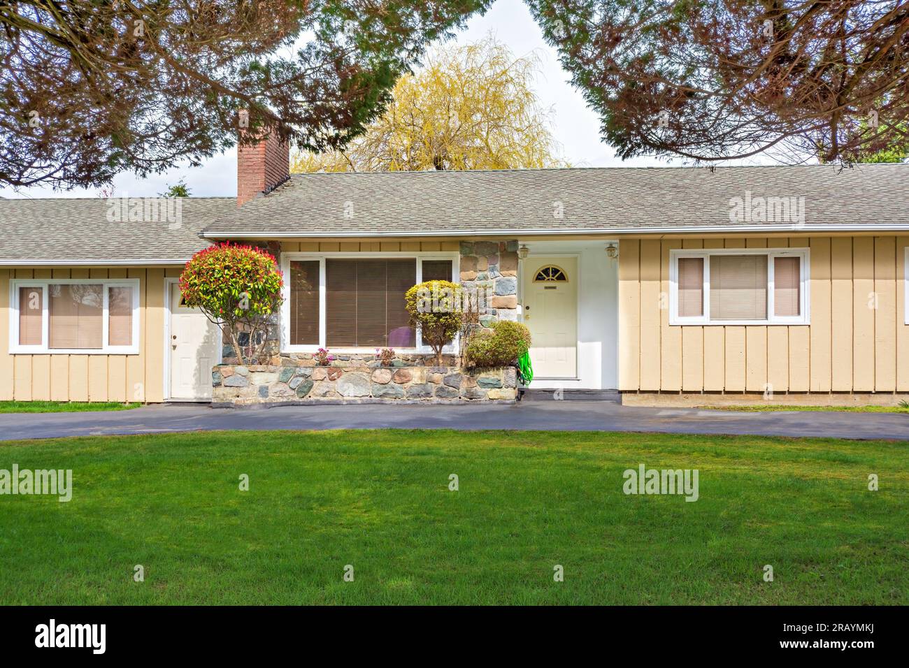 Modest residential duplex house in Canada with green lawn in front