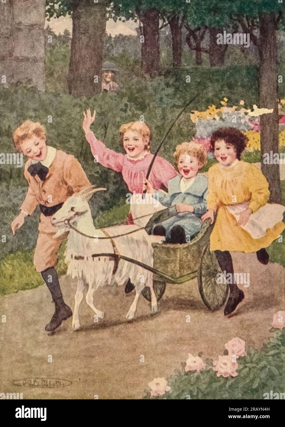 All the Children Were Screaming With Delight at the Wonderful Ride Frontispiece illustrated by Maria L. Kirk from the book ' Cornelli ' by Spyri, Johanna, 1827-1901 Publication date 1920 Publisher Philadelphia, London, J.B. Lippincott company Johanna Louise Spyri (12 June 1827 – 7 July 1901) was a Swiss author of novels, notably children's stories. She wrote the popular book Heidi. Born in Hirzel, a rural area in the canton of Zürich, as a child she spent several summers near Chur in Graubünden, the setting she later would use in her novels. Stock Photo