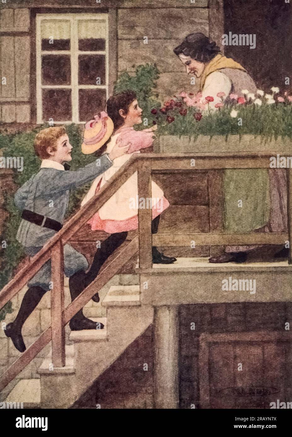 Now Both Came Flying up the Steps, and Martha Ran Out to Meet Them illustrated by Maria L. Kirk from the book ' Cornelli ' by Spyri, Johanna, 1827-1901 Publication date 1920 Publisher Philadelphia, London, J.B. Lippincott company Johanna Louise Spyri (12 June 1827 – 7 July 1901) was a Swiss author of novels, notably children's stories. She wrote the popular book Heidi. Born in Hirzel, a rural area in the canton of Zürich, as a child she spent several summers near Chur in Graubünden, the setting she later would use in her novels. Stock Photo