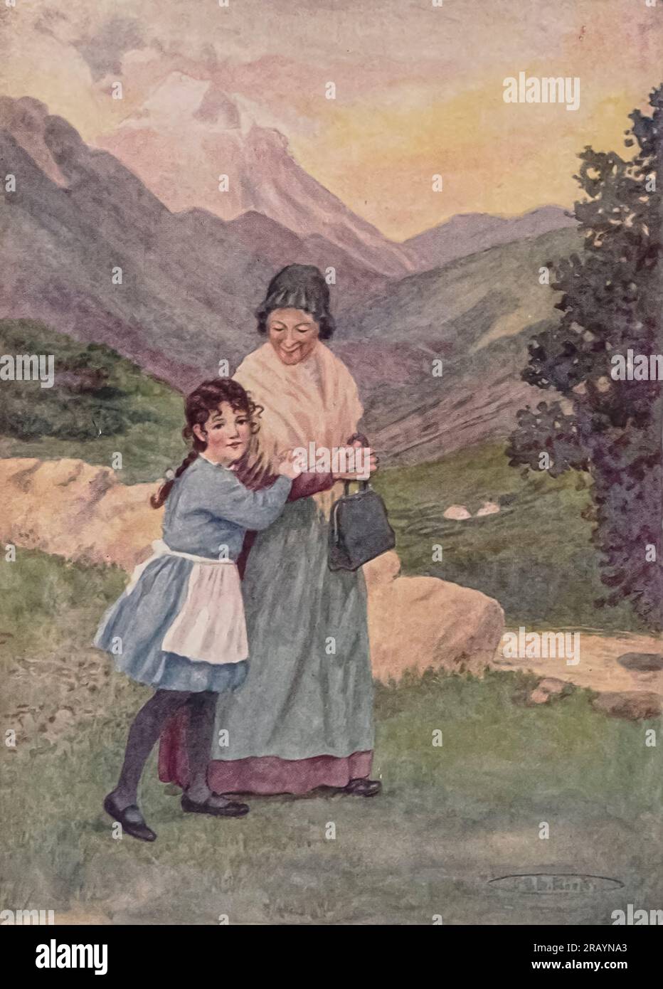 Cornelli Hung on Her Arm, and Together They Wandered Forth in the Beautiful Evening illustrated by Maria L. Kirk from the book ' Cornelli; a story of the Swiss Alps ' by Spyri, Johanna, 1827-1901 Publication date 1921 Publisher Philadelphia, London, J.B. Lippincott company. Johanna Louise Spyri (12 June 1827 – 7 July 1901) was a Swiss author of novels, notably children's stories. She wrote the popular book Heidi. Born in Hirzel, a rural area in the canton of Zürich, as a child she spent several summers near Chur in Graubünden, the setting she later would use in her novels. Stock Photo