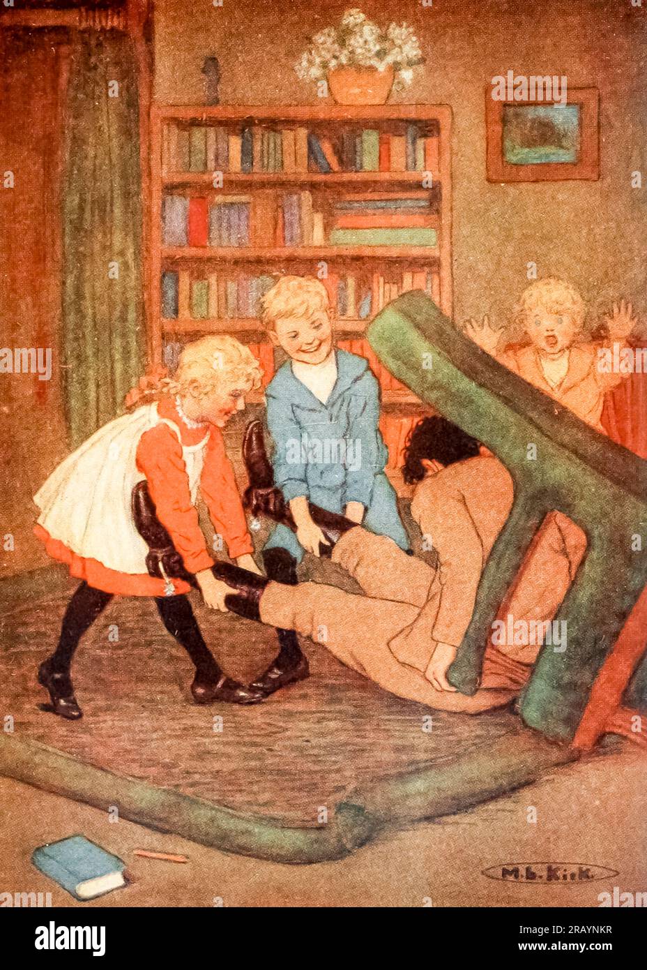 Before Jul could prevent it he was pulled off his chair. illustrated by Maria L. Kirk from the book ' Dora ' by Spyri, Johanna, 1827-1901 Publication date 1924 Publisher Philadelphia & London, J.B. Lippincott Johanna Louise Spyri (12 June 1827 – 7 July 1901) was a Swiss author of novels, notably children's stories. She wrote the popular book Heidi. Born in Hirzel, a rural area in the canton of Zürich, as a child she spent several summers near Chur in Graubünden, the setting she later would use in her novels. Stock Photo