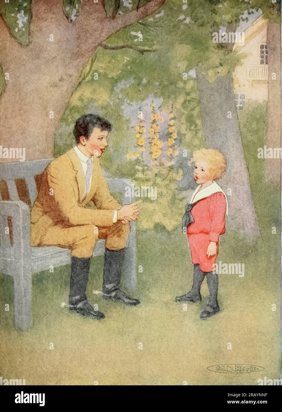 Come, I'll say it and you must learn it by heart illustrated by Maria L. Kirk from the book ' Dora ' by Spyri, Johanna, 1827-1901 Publication date 1924 Publisher Philadelphia & London, J.B. Lippincott Johanna Louise Spyri (12 June 1827 – 7 July 1901) was a Swiss author of novels, notably children's stories. She wrote the popular book Heidi. Born in Hirzel, a rural area in the canton of Zürich, as a child she spent several summers near Chur in Graubünden, the setting she later would use in her novels. Stock Photo