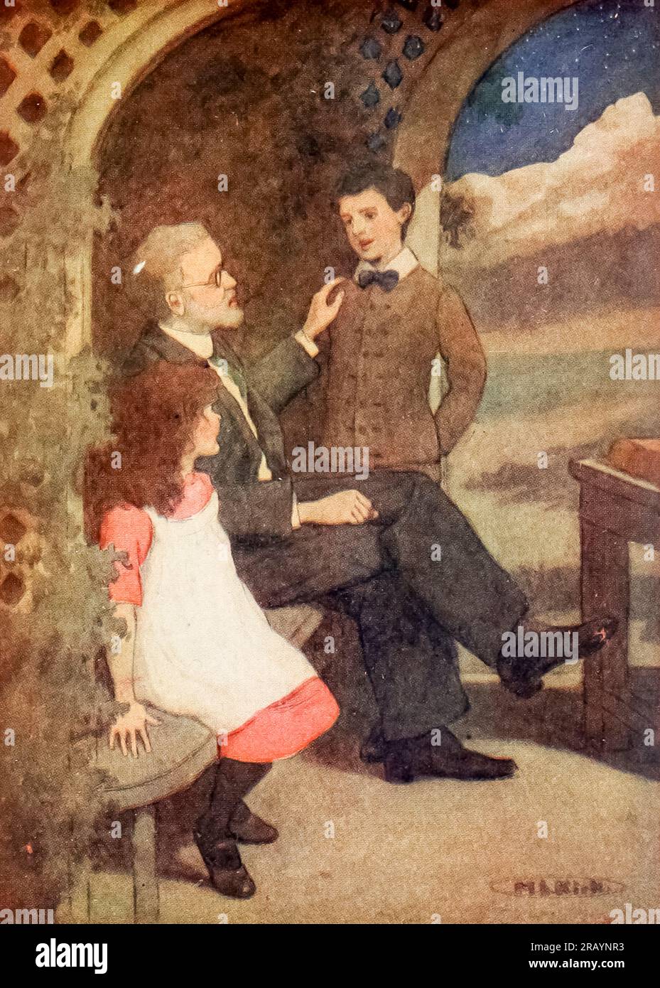 I suppose it is patrimony, my son, said Mr. Titus, patting Rolf's shoulder illustrated by Maria L. Kirk from the book ' Dora ' by Spyri, Johanna, 1827-1901 Publication date 1924 Publisher Philadelphia & London, J.B. Lippincott Johanna Louise Spyri (12 June 1827 – 7 July 1901) was a Swiss author of novels, notably children's stories. She wrote the popular book Heidi. Born in Hirzel, a rural area in the canton of Zürich, as a child she spent several summers near Chur in Graubünden, the setting she later would use in her novels. Stock Photo