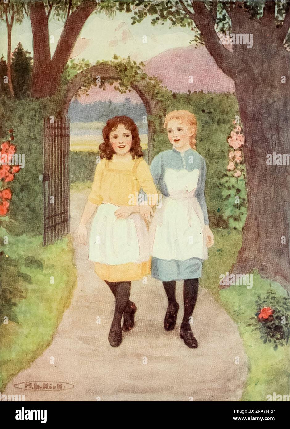 Dora and Paula returned to the garden arm in arm singing gaily illustrated by Maria L. Kirk from the book ' Dora ' by Spyri, Johanna, 1827-1901 Publication date 1924 Publisher Philadelphia & London, J.B. Lippincott Johanna Louise Spyri (12 June 1827 – 7 July 1901) was a Swiss author of novels, notably children's stories. She wrote the popular book Heidi. Born in Hirzel, a rural area in the canton of Zürich, as a child she spent several summers near Chur in Graubünden, the setting she later would use in her novels. Stock Photo