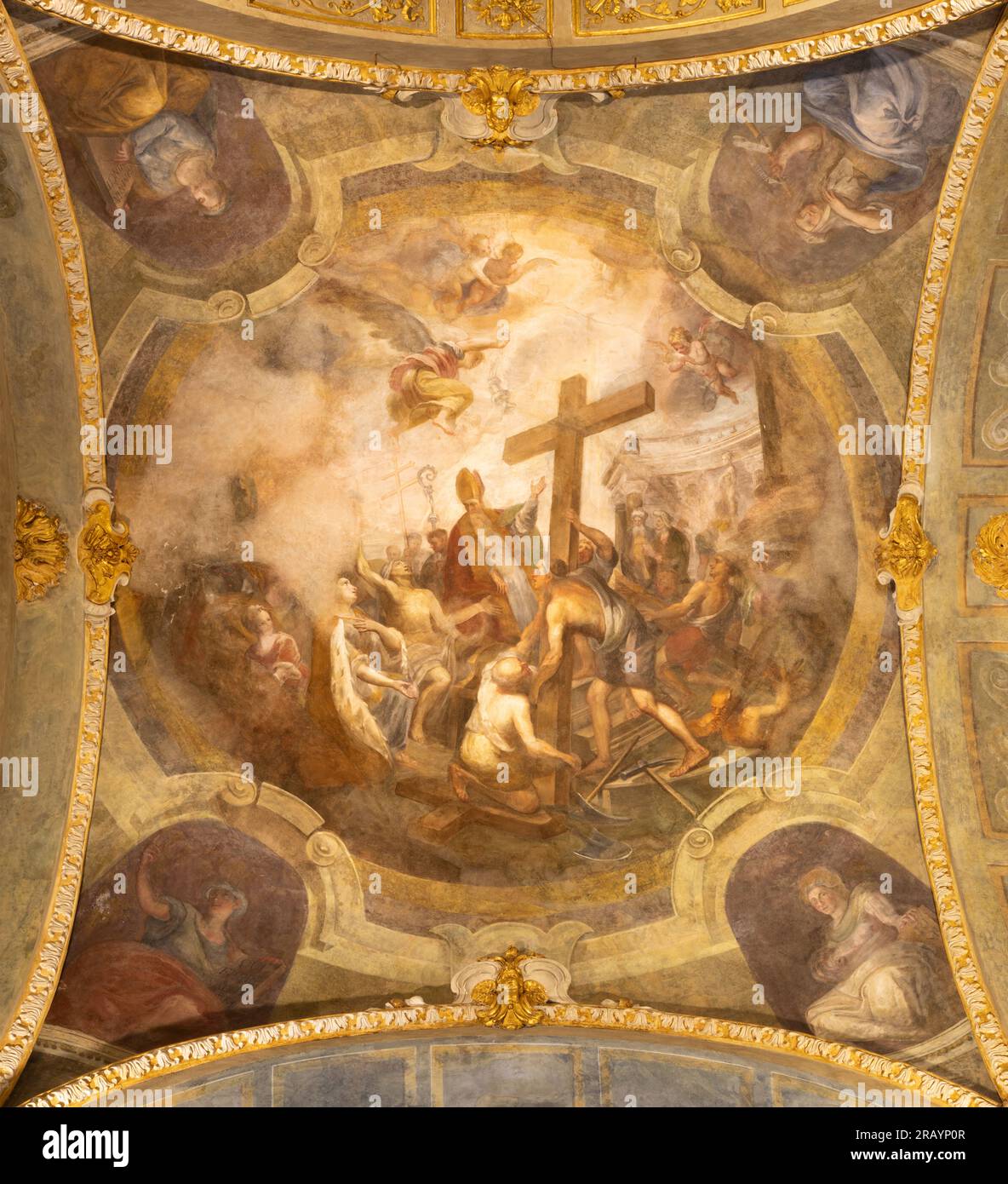 GENOVA, ITALY - MARCH 5, 2023: The fresco of The Finding of the Holy Cross in the side cupola of the church Basilica di Santa Maria delle Vigne Stock Photo