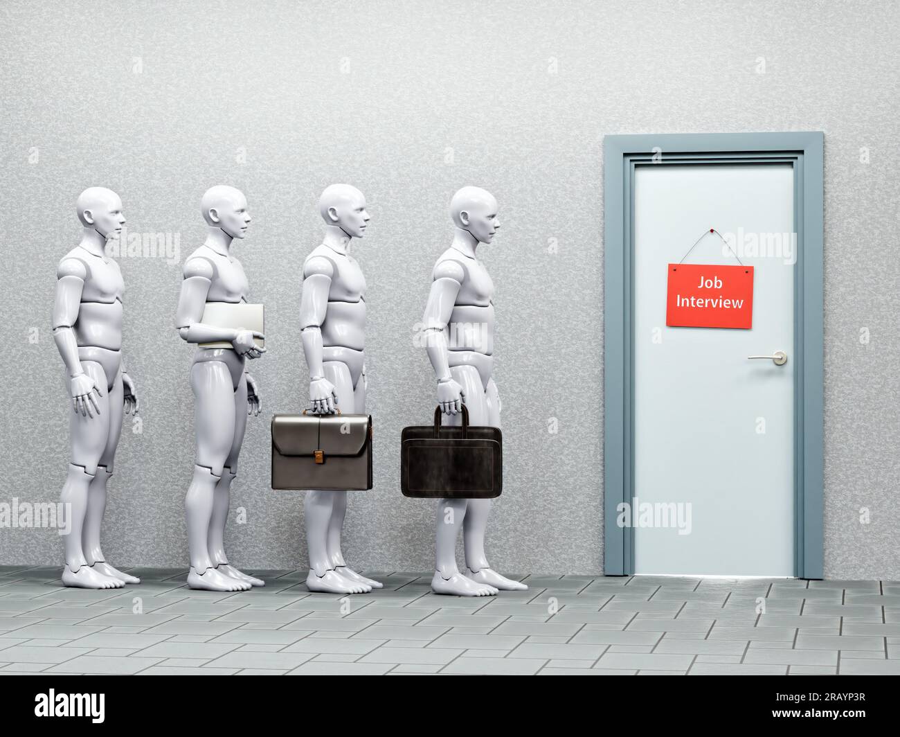 3d rendering of AI humanoid cyborgs standing in line to get new job Stock Photo