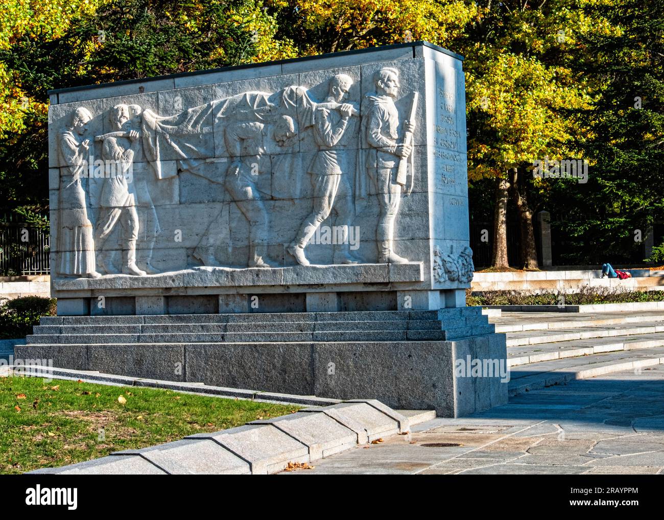 Sarcophagus  with relief carving of Military scene at the Soviet War Memorial in Treptow Park,Berlin,Germany.    16 stone sarcophagi Stock Photo