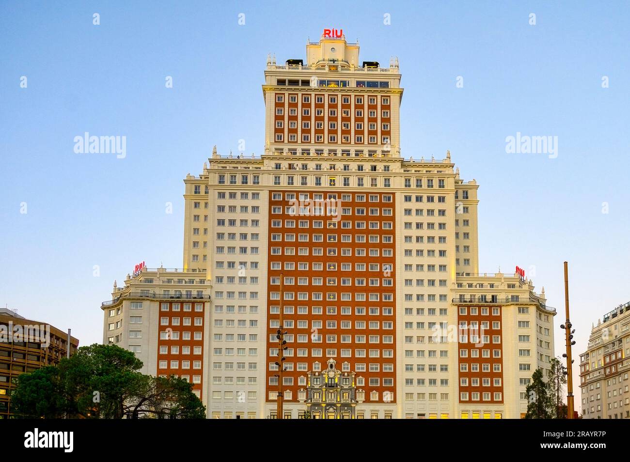 Madrid, Spain - July 19, 2022: The hotel Riu building. The structure features a modern architectural design with multiple floors and windows. Stock Photo