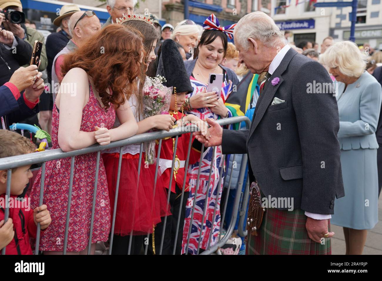 King Charles III during a tour of the market square in Selkirk, in the Scottish Borders, as part of the first Holyrood Week since the King's coronation. Picture date: Thursday July 6, 2023. Stock Photo