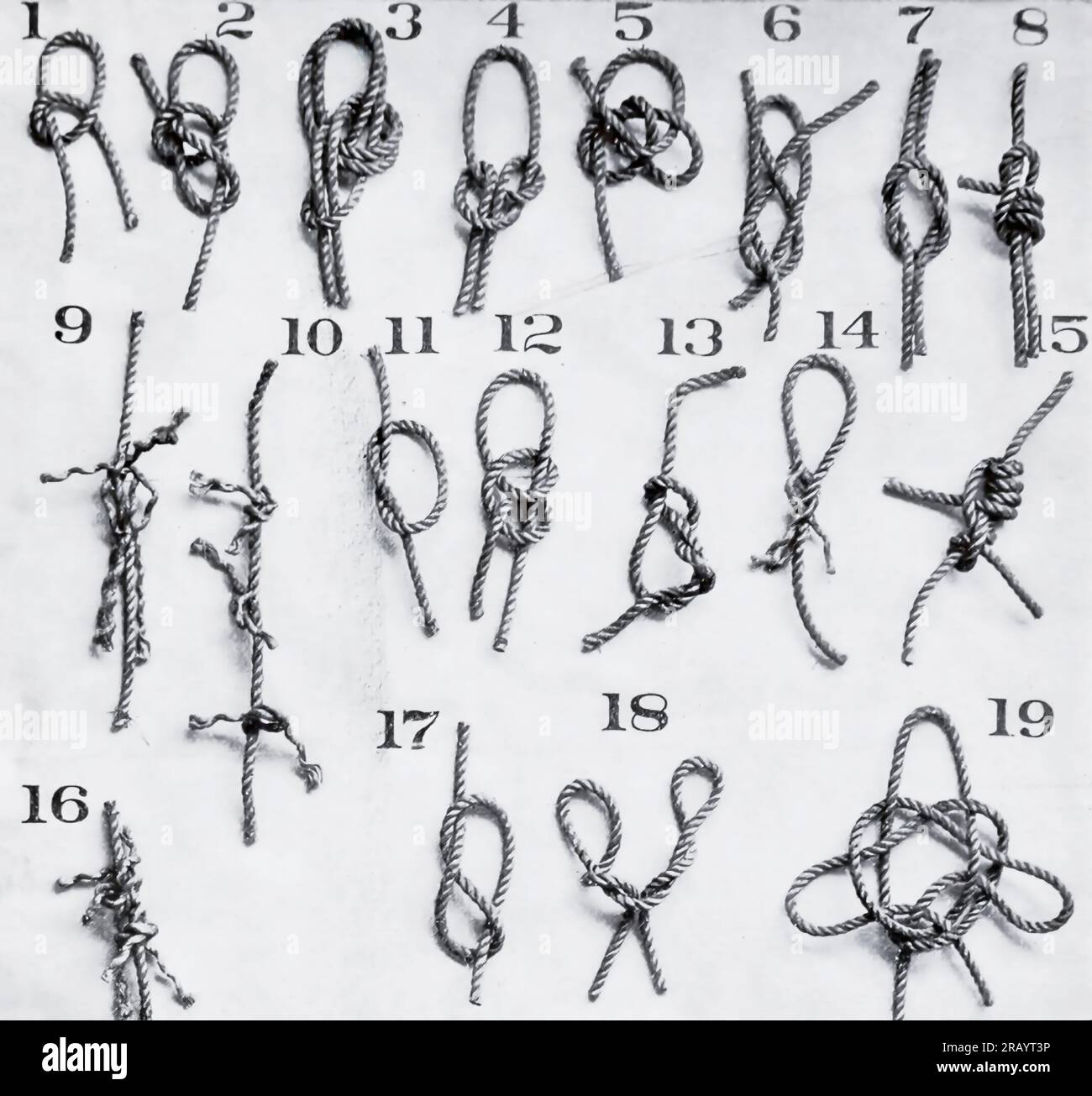 Some Knots used in Wrecking 1 — Commencement of a bowline. 2 -Single bowline, 3- Double bowline on a bight. 4 — Single bowline on a bight. 5 — Running bowline. 6— Double Garrick bend. 7 — Flat knot. 8— Fisherman's bend. 9 — Short splice. 10 — Long splice. 11— Overhand knot. 12 — Two half hitches. 13— Timber hitch. 14- Eye spliced in end of line. 15— Stopper on line. 16— Shroud knot used for putting two lines together when end is short. 17 — Figure 8. 18— Cats-paw. 19 — Mast-head knot. The Engineering Magazine DEVOTED TO INDUSTRIAL PROGRESS Volume X October 1896 NEW YORK The Engineering Magazin Stock Photo