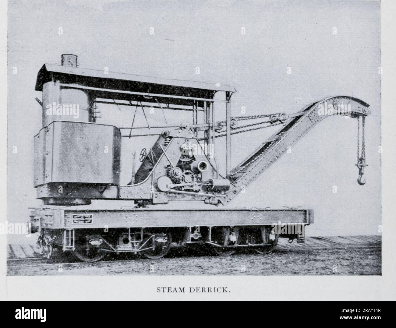 Steam Derrick from the Article RAILROAD ACCIDENT AND EMERGENCY SERVICE. By W. L. Derr. from The Engineering Magazine DEVOTED TO INDUSTRIAL PROGRESS Volume X October 1896 NEW YORK The Engineering Magazine Co Stock Photo