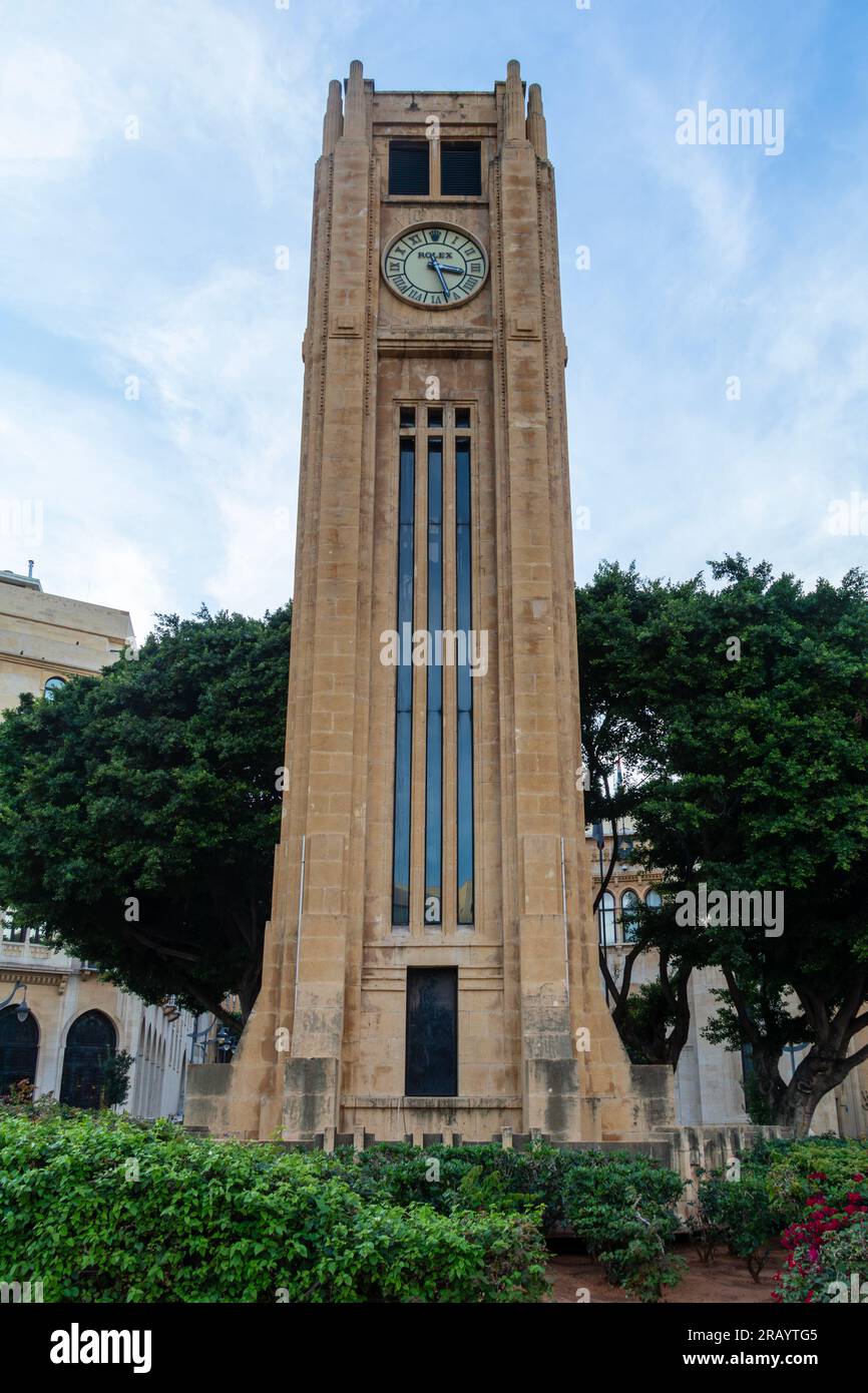 Clock tower in the middle of Nejmeh Square, next to the parliamentin Downtown Beirut Stock Photo