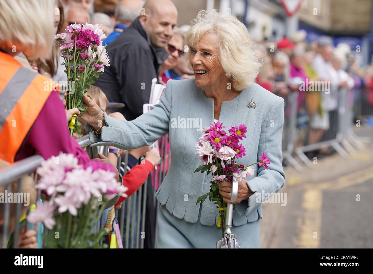 Queen Camilla during a tour of the market square in Selkirk, in the Scottish Borders, as part of the first Holyrood Week since the King's coronation. Picture date: Thursday July 6, 2023. Stock Photo