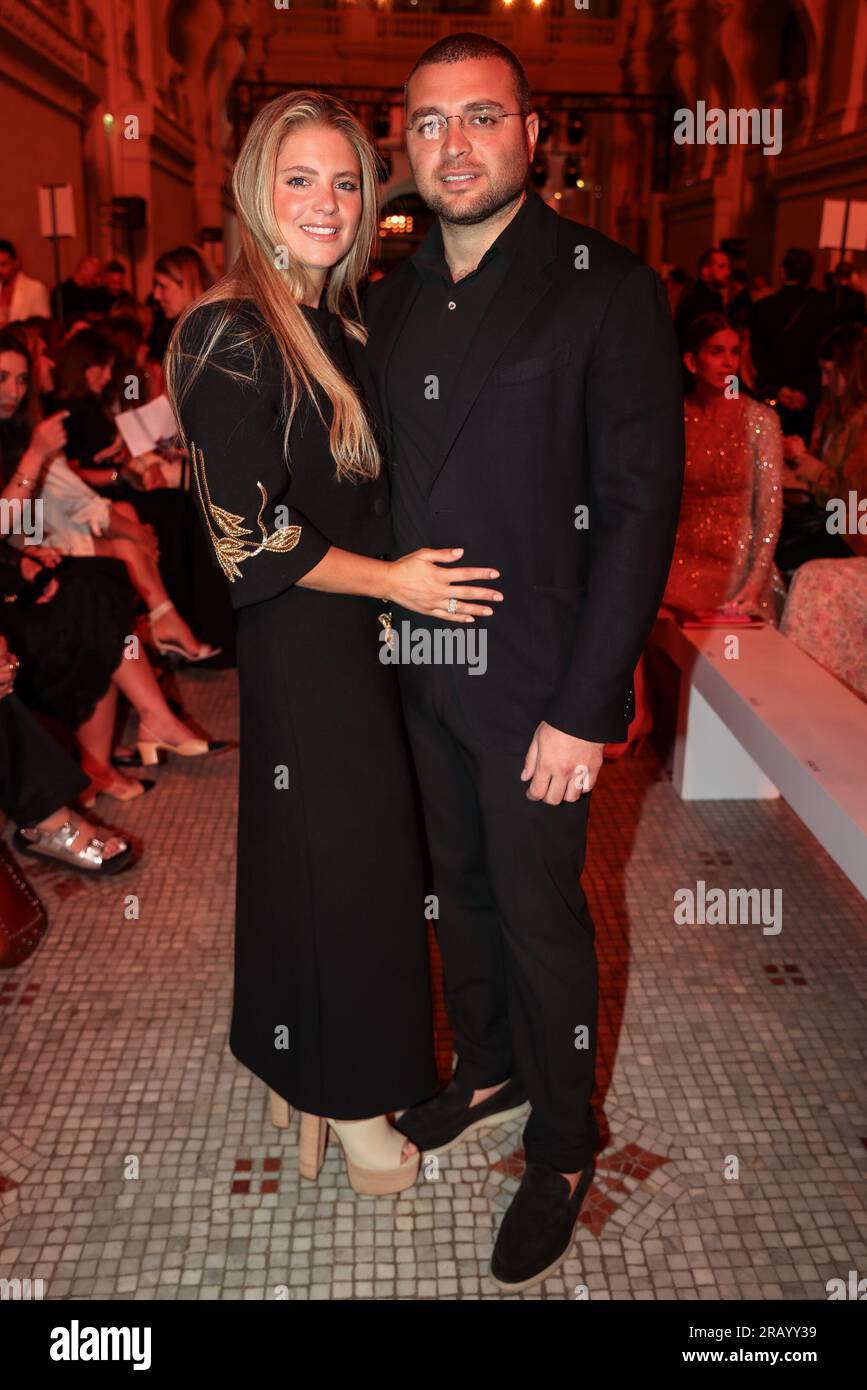 Paris France. 05th July 2023. Christina Mourad Saab and Elie Saab JR attends the Elie Saab show during Paris Fashion Week Haute Couture Fall Winter 2023 2024 on July 05 2023 in Paris France