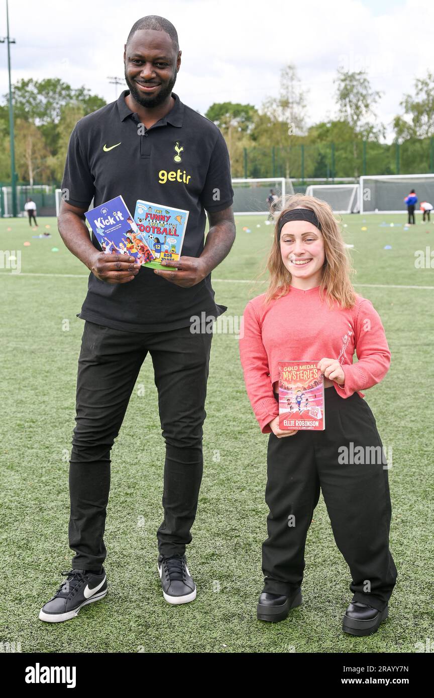 London, UK. 6th July, 2023. Paralympic swimmer and children's authors, Ellie Robinson MBE and Ledley King. Joined 60 children from local schools to launch the reading agency 24th summer reading challenge at Tottenham Hotspur Football Club Training Ground. Credit: See Li/Picture Capital/Alamy Live News Stock Photo