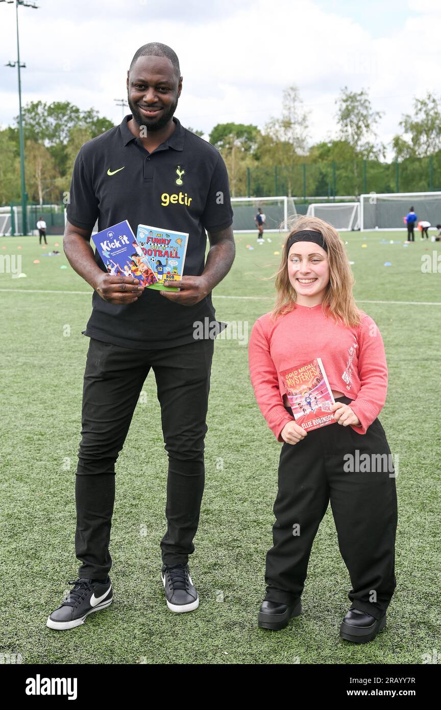 London, UK. 6th July, 2023. Paralympic swimmer and children's authors, Ellie Robinson MBE and Ledley King. Joined 60 children from local schools to launch the reading agency 24th summer reading challenge at Tottenham Hotspur Football Club Training Ground. Credit: See Li/Picture Capital/Alamy Live News Stock Photo