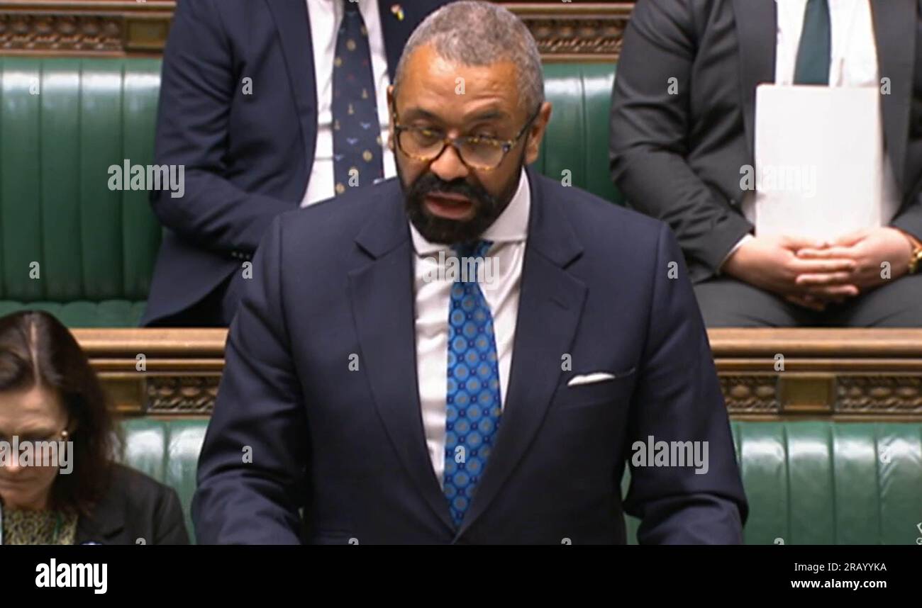 Foreign Secretary James Cleverly speaking in the House of Commons, London, to announce greater powers for the UK to issue sanctions against Iran after the Government accused Tehran of attempts to kill British and UK-based individuals. Picture date: Thursday July 6, 2023. Stock Photo