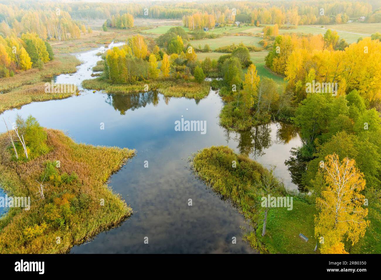Amazing aerial view of Kirkilai karst lakes in the bright sunny autumn morning, Birzai eldership, Panevezys county, Lithuania Stock Photo