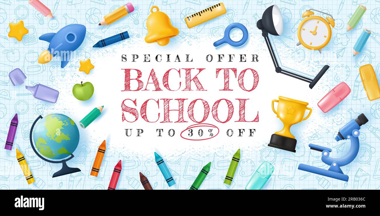 Back to School Concept Banner with doodle background and cartoon 3D ...