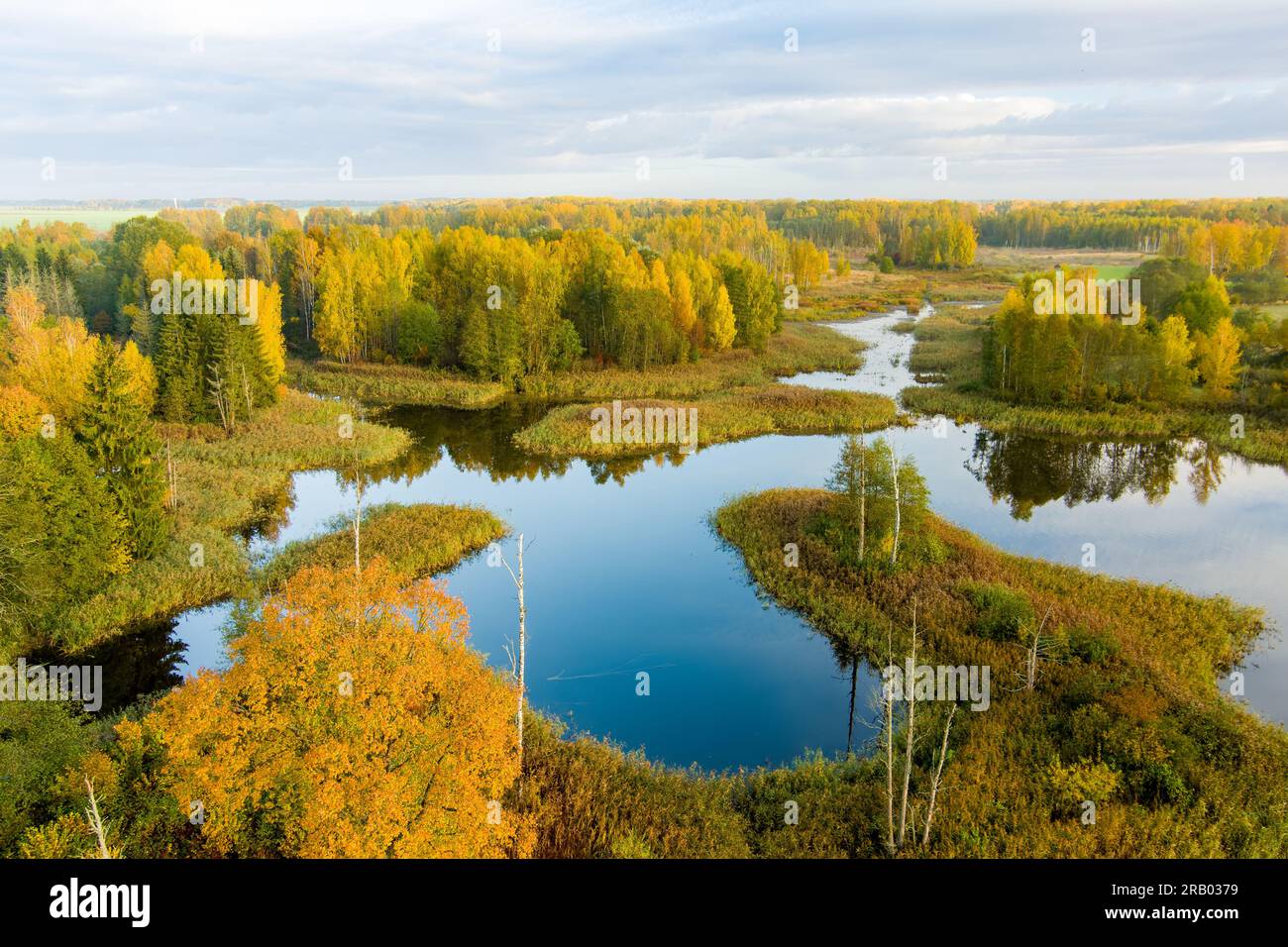 Amazing aerial view of Kirkilai karst lakes in the bright sunny autumn morning, Birzai eldership, Panevezys county, Lithuania Stock Photo