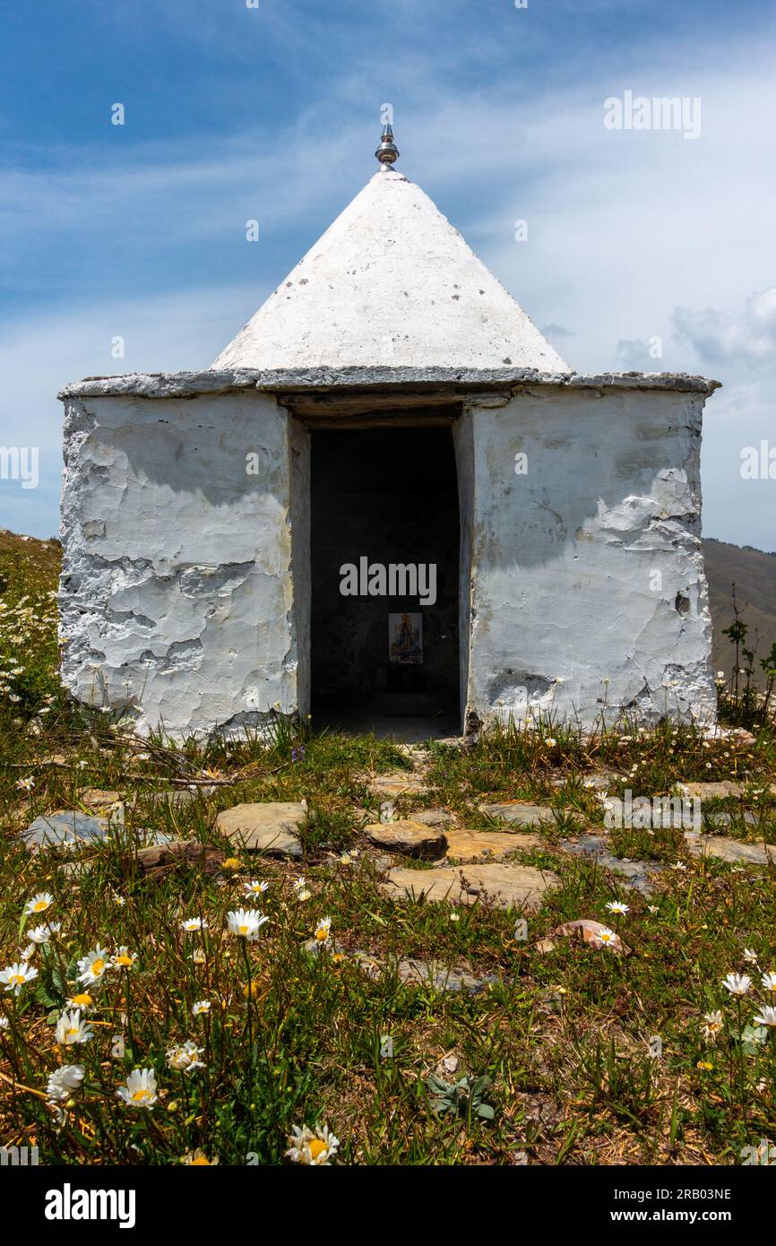 A small temple on a hilltop. These small dome temples are typical in the Himalayan region of Uttarakhand. Stock Photo