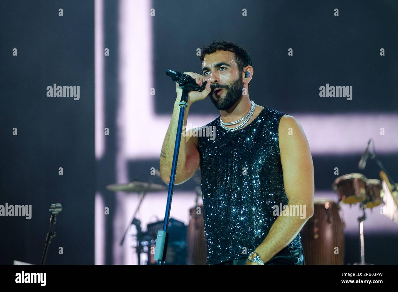 Turin, Italy. 05th July, 2023. The Italian singer Marco Mengoni performs on the stage of the Olympic stadium with his Italian tour 'Mengoni negli stadi 2023” in Turin (Photo by Bruno Brizzi/Pacific Press) Credit: Pacific Press Media Production Corp./Alamy Live News Stock Photo