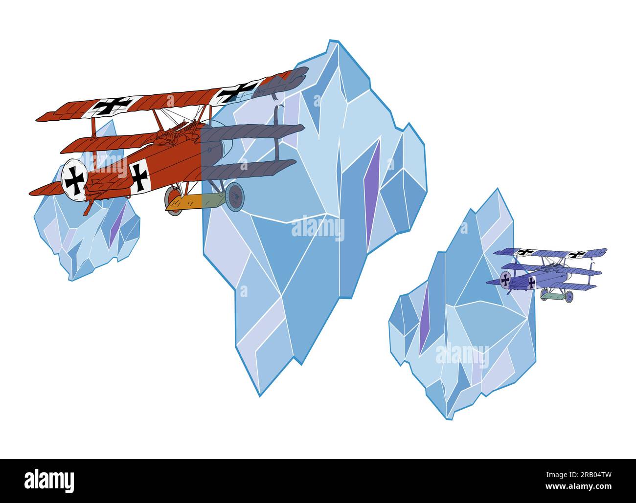 Vector illustration of two vintage airplanes flying between floating ice. Design for World War I themed t-shirts. Stock Vector