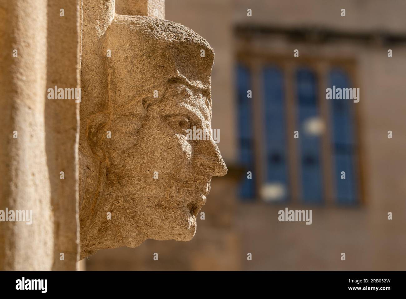 Ancient stone carved head, Old Bodleian Quad, Oxford Stock Photo