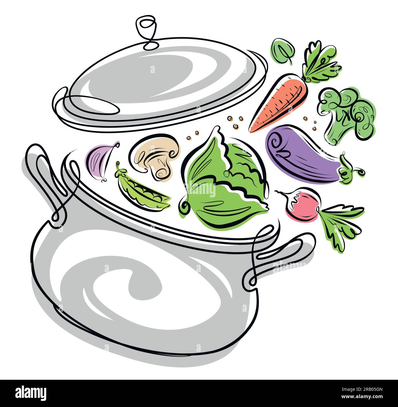 Fresh farm vegetables and kitchen pot. Cooking ingredients in saucepan