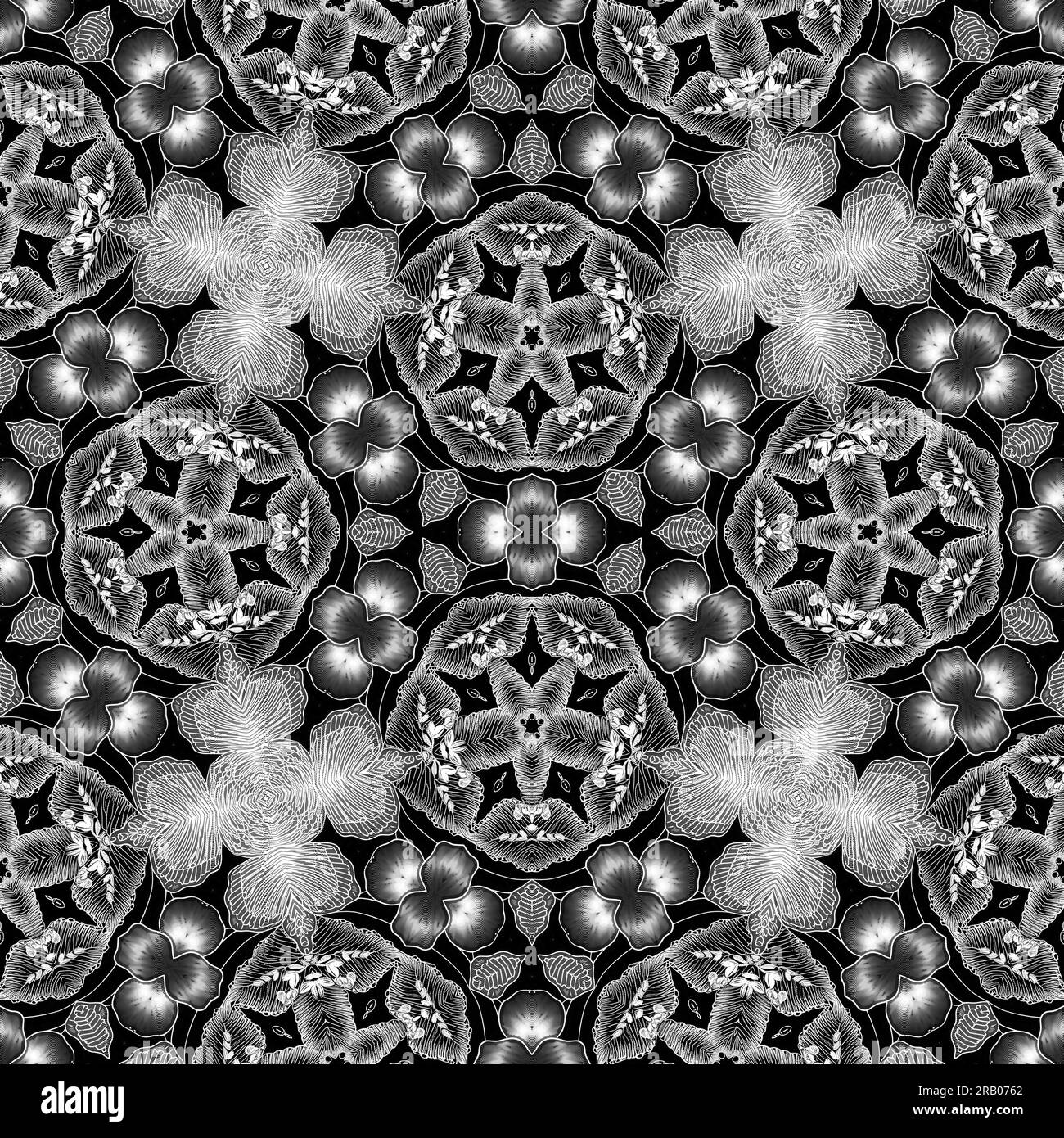 Intricate black and white lace folk flower pattern with an elegant ...