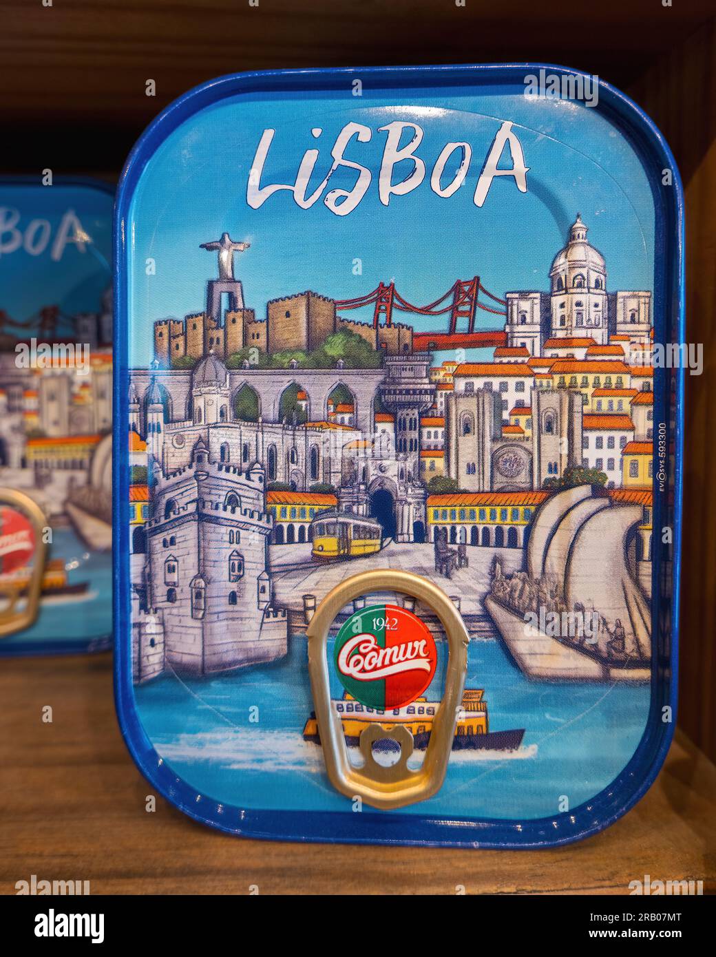 Canned fish by Comur 1942 for sale in Lisbon, Portugal. Lisbon souvenir, Bacalhau cod baked in olive oil with garlic. Decorative conservas, fish cans. Stock Photo