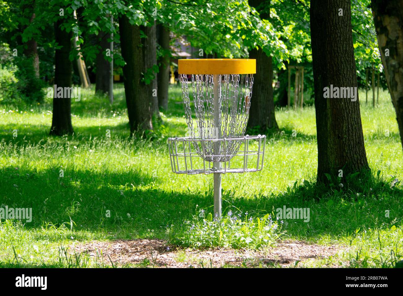 Disc golf target basket in the forest for popular leisure activity