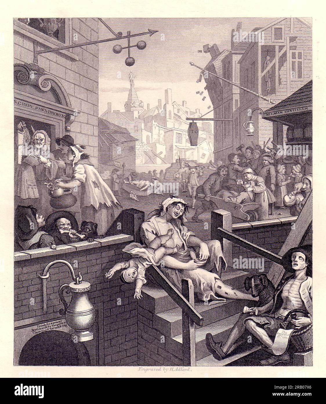 Gin Lane 1751 by William Hogarth Stock Photo
