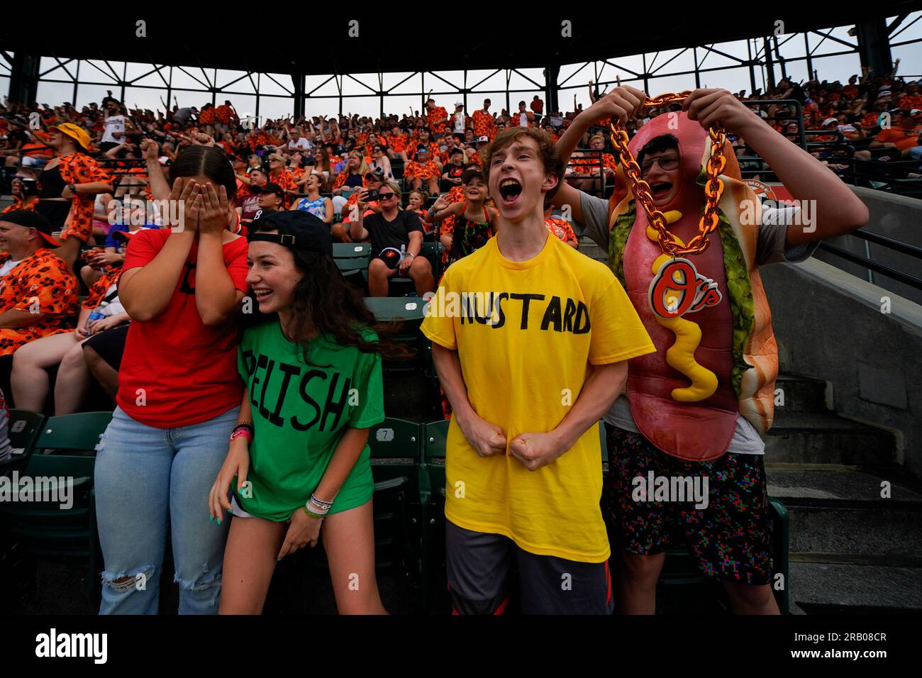 Siblings, from left, Olivia Nerad, Brooke Conger, Charles Nerad, John  Conger react after watching the Hot Dog Race on the big screen at Oriole  Park at Camden Yards during the fifth inning