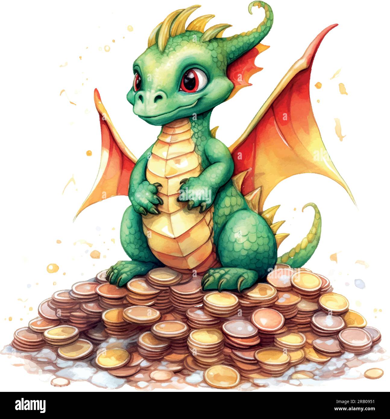 Fantasy cute dragon on the mountain of coins christmas, great design