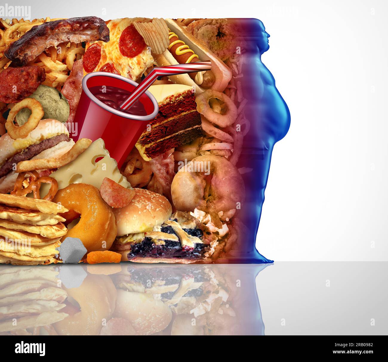 Obesity And Food as an overweight person with fast foods eating an