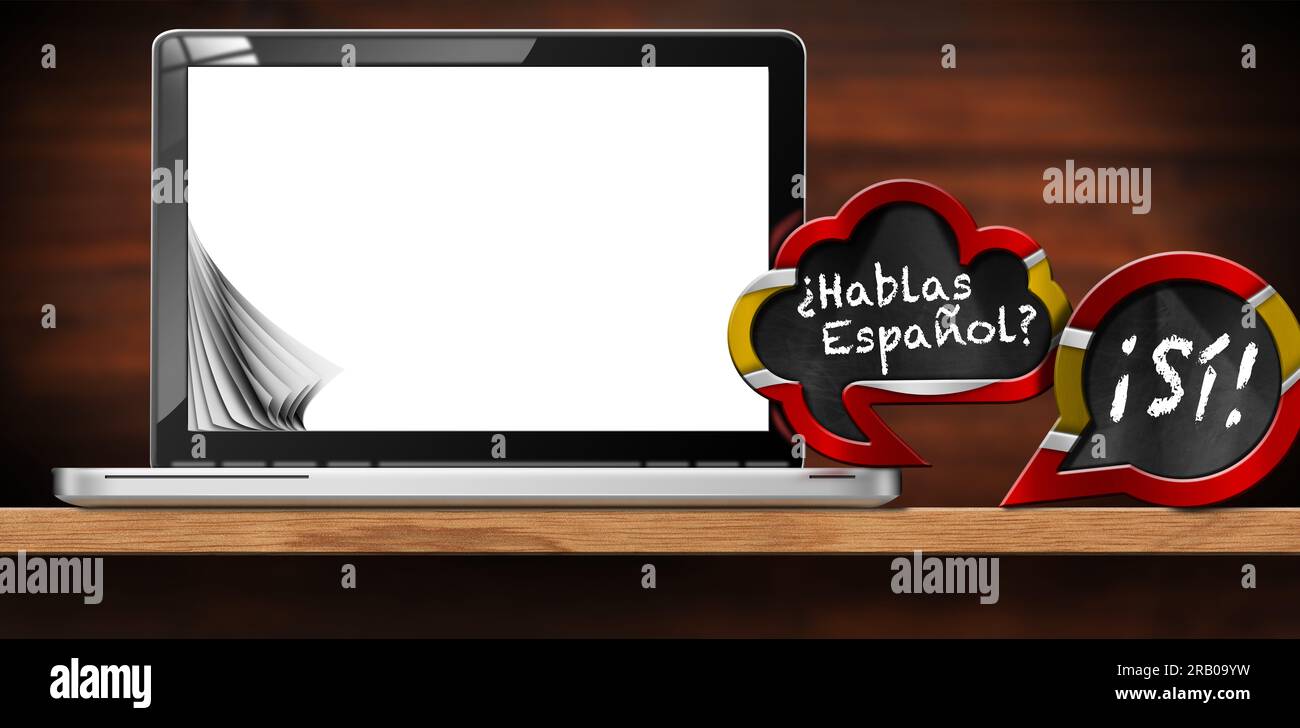 Spanish language lesson. 3D illustration of two speech bubbles with