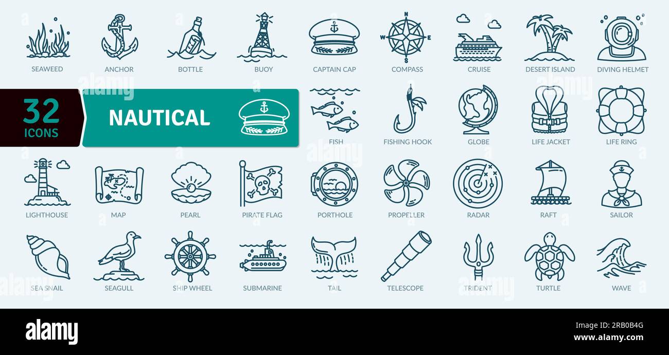 Nautical and ocean icons Pack. Thin line icon collection. Outline web icon set Stock Vector