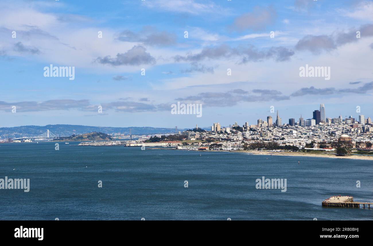 View of the city skyline with the Palace of Fine Arts Coit Memorial Transamerica Pyramid Transbay and Salesforce Towers San Francisco California USA Stock Photo