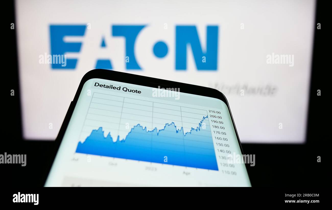 Smartphone with website of power management company Eaton Corporation plc on screen in front of business logo. Focus on top-left of phone display. Stock Photo